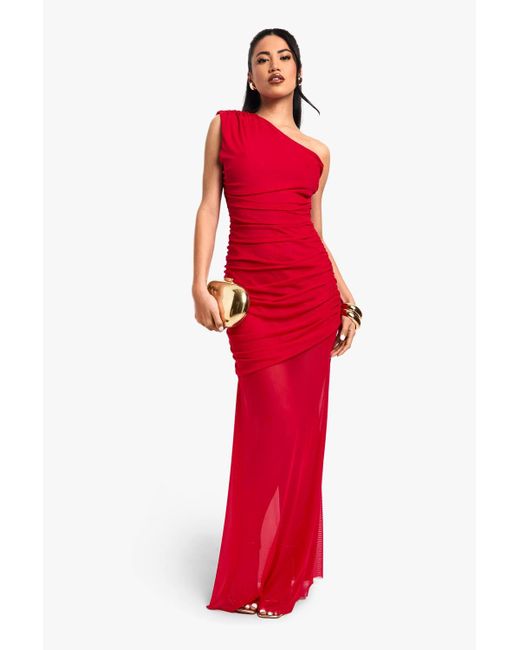 Boohoo Red One Shoulder Ruched Mesh Maxi Dress