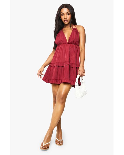 Boohoo Textured Stripe Crinkle Tiered Mini Dress
