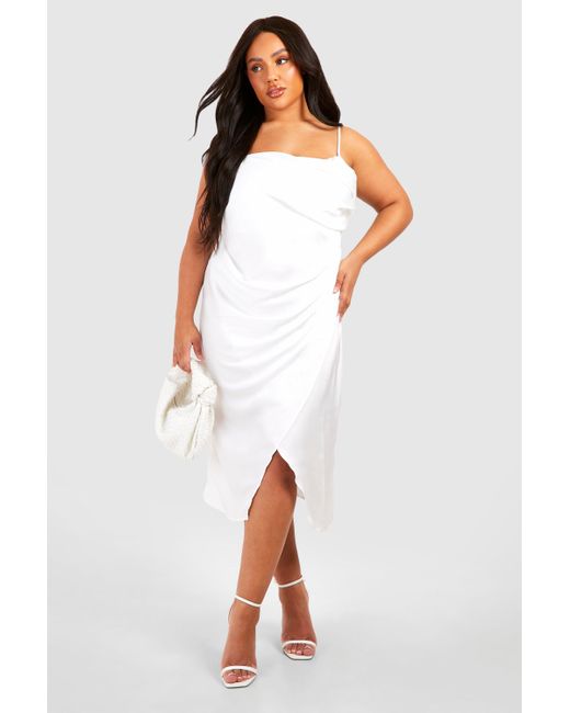 Boohoo White Plus Satin Drape Front Midaxi Slip Dress