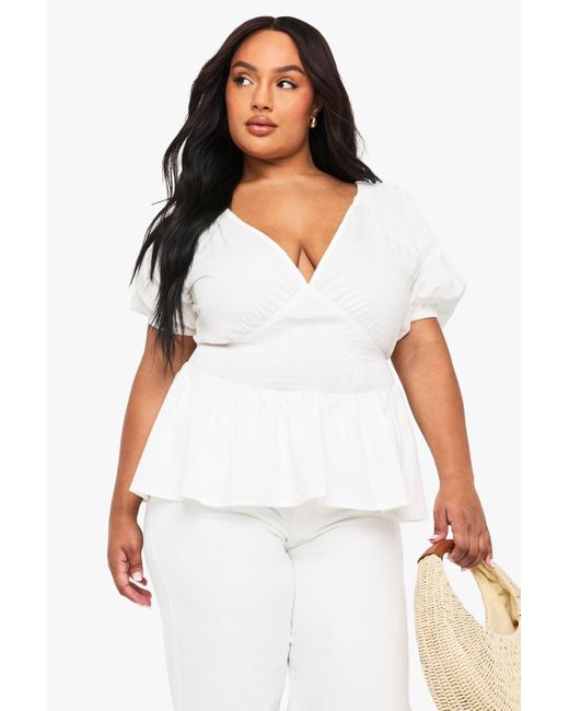 Boohoo White Plus Cotton Puff Sleeve Tie Back Smock Top