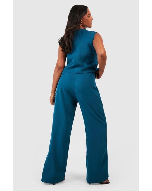 Boohoo Plus Woven Tailored Wide Leg Trousers in Blue