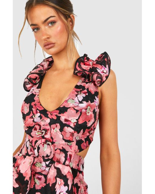 Vestido Maxi Texturizado De Flores Con Abertura Y Detalle De Anillo Boohoo de color Red