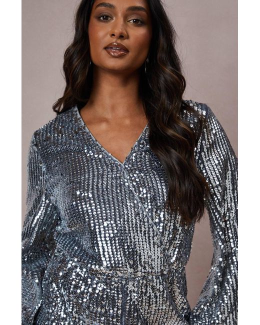 Oasis Gray Sequin Stripe Wrap Romper