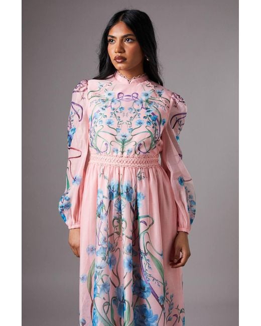 Coast Gray Petite Burnout Printed Midi Dress With Blouson Sleeve