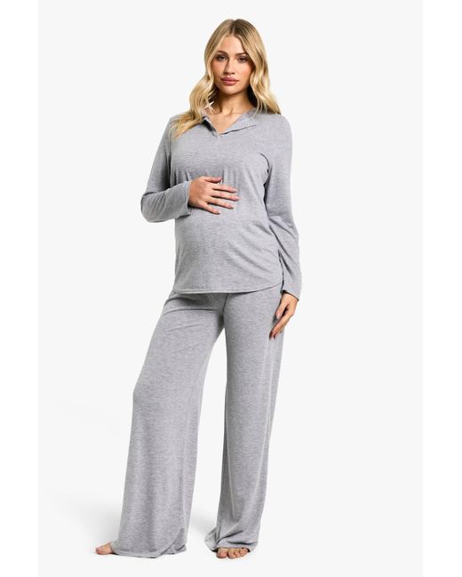 Boohoo Blue Maternity Long Sleeve Button Top & Wide Leg Trouser Pj Set