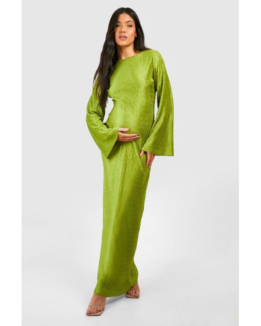 Boohoo Green Maternity Wave Plisse Flared Sleeve Column Maxi Dress