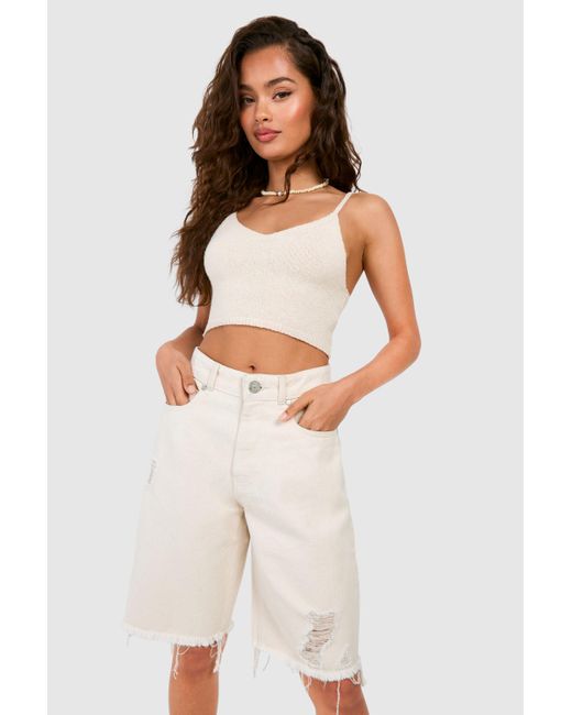 Boohoo White Ripped Raw Hem Longline Denim Jorts