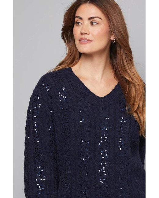 Wallis Blue Sequin Cable Knit Sweater