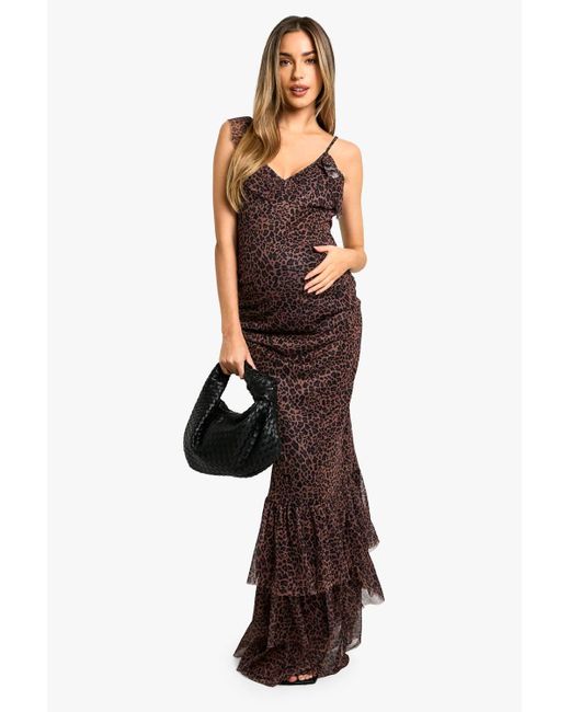 Boohoo Brown Maternity Leopard Print Mesh Ruffle Hem Detail Strappy Maxi Dress