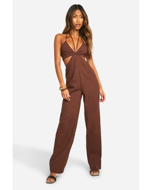 Boohoo Brown Linen Blend Cut Out Strappy Jumpsuit
