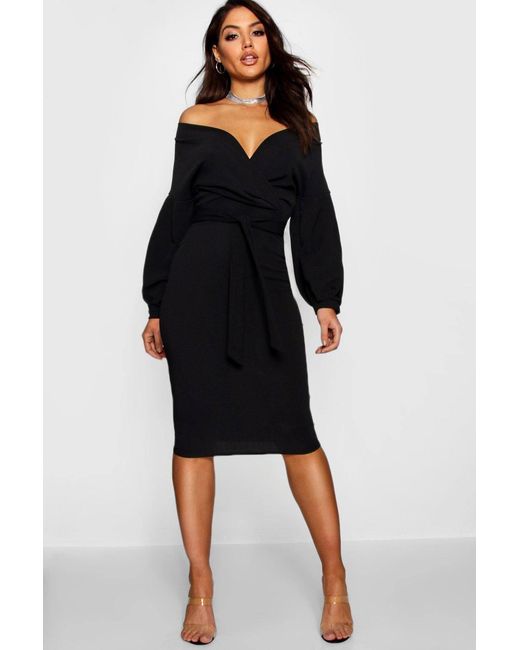 Boohoo Black Off The Shoulder Wrap Midi Dress
