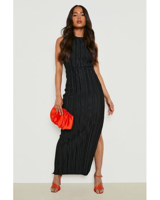 Boohoo Petite Plisse Pleated Thigh Split Maxi Dress in Black | Lyst
