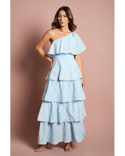 Coast Blue One Shoulder Tiered Broderie Midi Dress