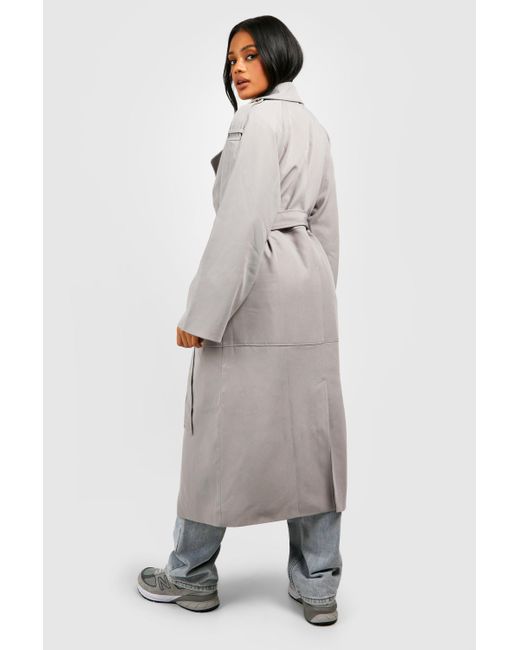 Boohoo Gray Double Breasted Trench Belted Trench Coat