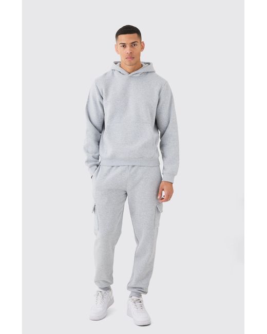 BoohooMAN Gray Boxy Hooded Cargo Tracksuit for men