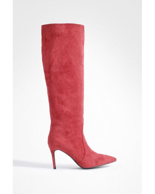 Boohoo Red Stiletto Pointed Toe Knee High Boots