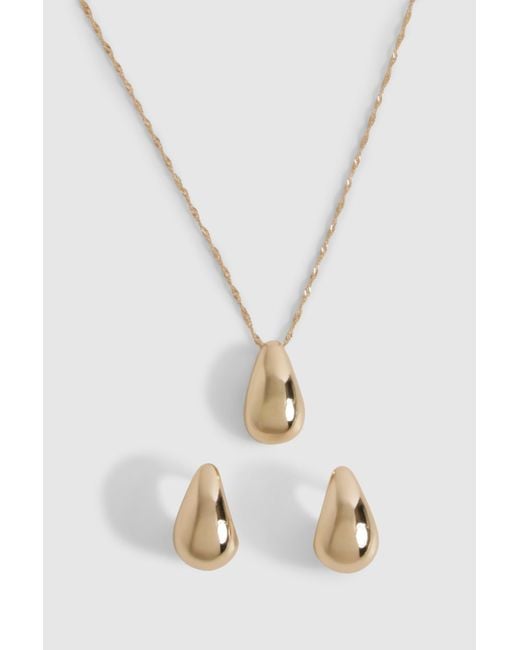 Boohoo White Gold Chunky Tear Drop Necklace & Earring Set