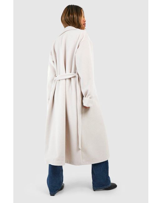 Boohoo Blue Cuff Detail Belted Textured Wool Look Coat