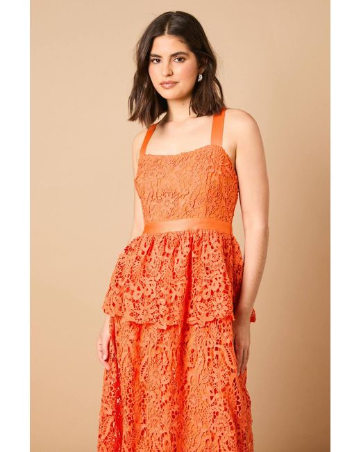 Oasis Orange Cross Strap Tiered Lace Midi Dress