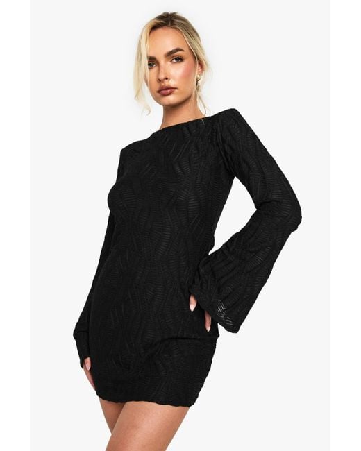Boohoo Black Textured Flare Sleeve Slash Neck Mini Dress