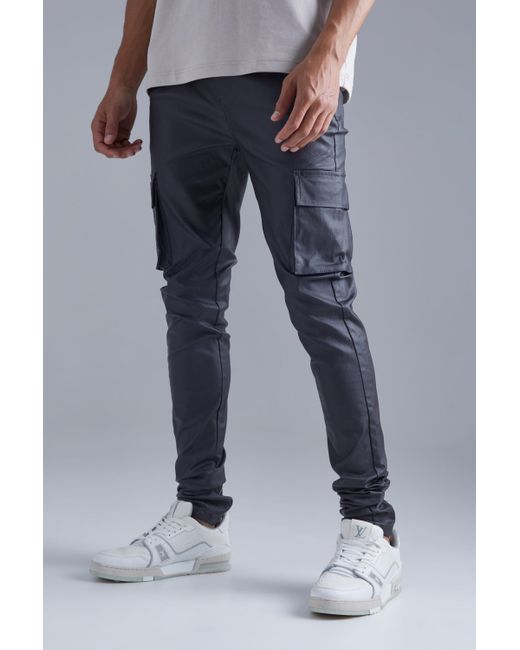 BoohooMAN Blue Tall Skinny Stacked Coated Twill Cargo Trouser for men