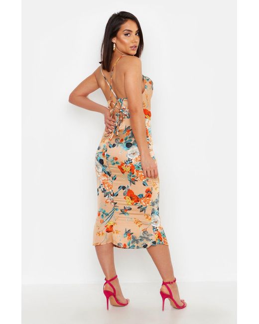 Satin floral cowl flute hem slip dress Clearance