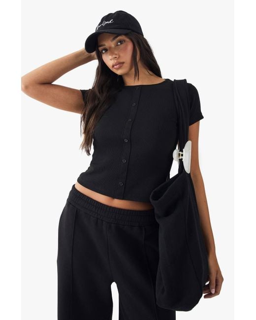 DSGN Studio Black Square Script Embroidered Rib Fitted Button Through Top
