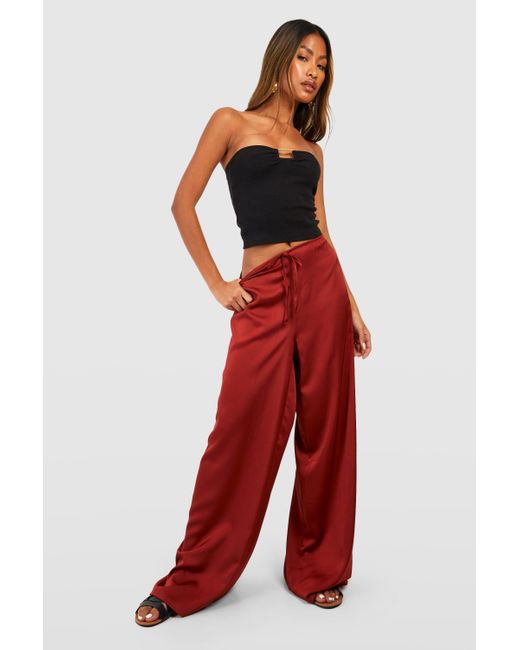 Boohoo Satin High Waisted Super Wide Leg Pants in Red | Lyst Canada