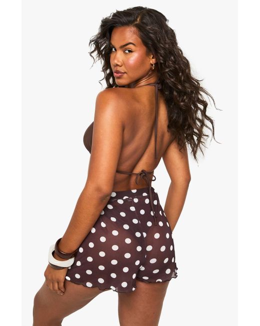 Boohoo Brown Polka Dot Print Beach Shorts