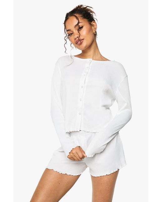 Boohoo White Pointelle Lettuce Hem Button Through Long Sleeved Top & Shorts Pyjama Set