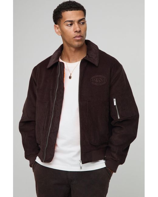 BoohooMAN Black Oversized Fit Cord Collared Contrast Lining Bomber Jacket for men