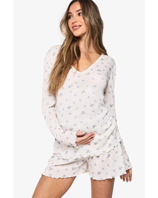 Boohoo White Maternity Ditsy Pointelle Button Top & Short Pj Set