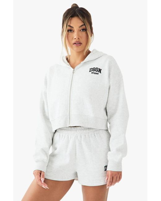 Boohoo White Dsgn Studio Embroidered Boxy Crop Zip Through Hoodie