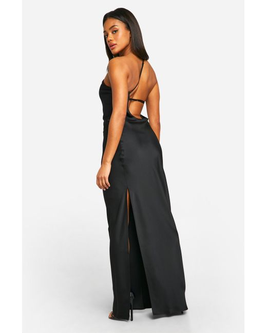Boohoo Black Satin Asymmetric Strap Maxi Dress