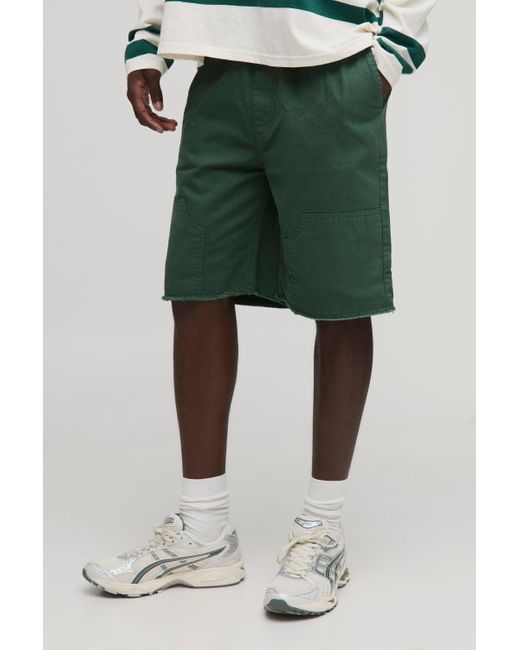 BoohooMAN Green Elasticated Waist Relaxed Distressed Carpenter Shorts for men