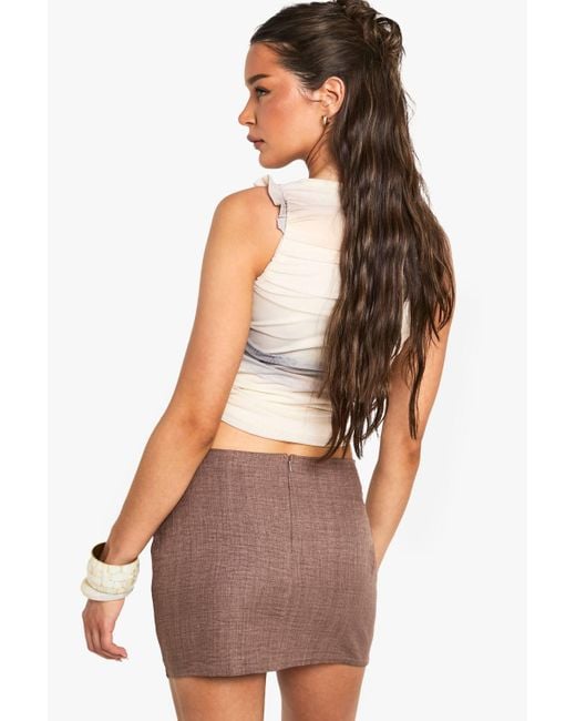 Boohoo Multicolor Mesh Marble Print Ruched Frill Shoulder Crop Top