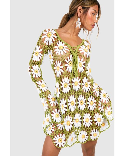 Boohoo Yellow Premium Flower Crochet Mini Dress