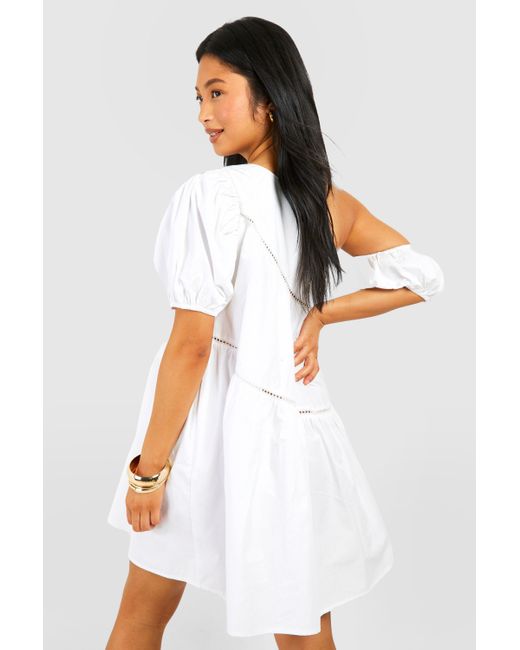 Boohoo White Petite Poplin One Sleeve Mini Dress