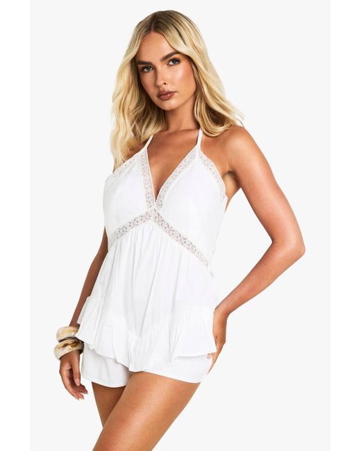 Boohoo White Cotton Halterneck Ruffle Lace Trim Playsuit