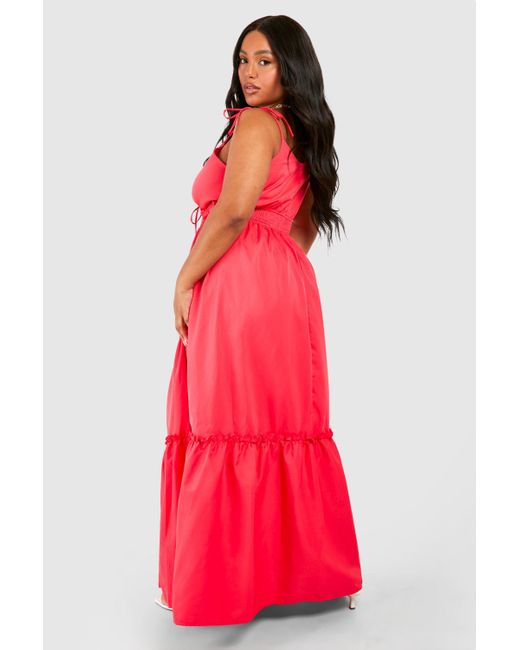 Boohoo Plus Woven Tie Front Tiered Smock Maxi Dress