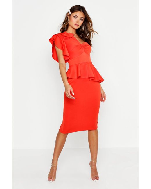 red peplum midi dress