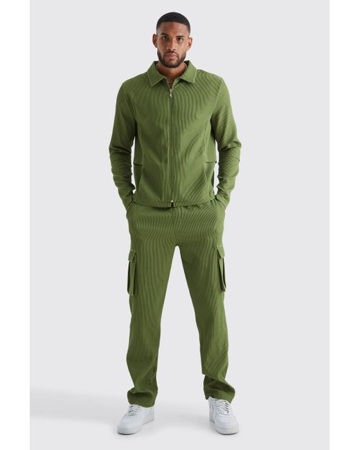 BoohooMAN Green Tall Pleated Zip Shirt & Elasticated Straight Cargo Set for men