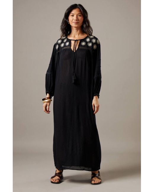 Warehouse Black Cheesecloth Embroidered Trim Insert Midi Smock Dress