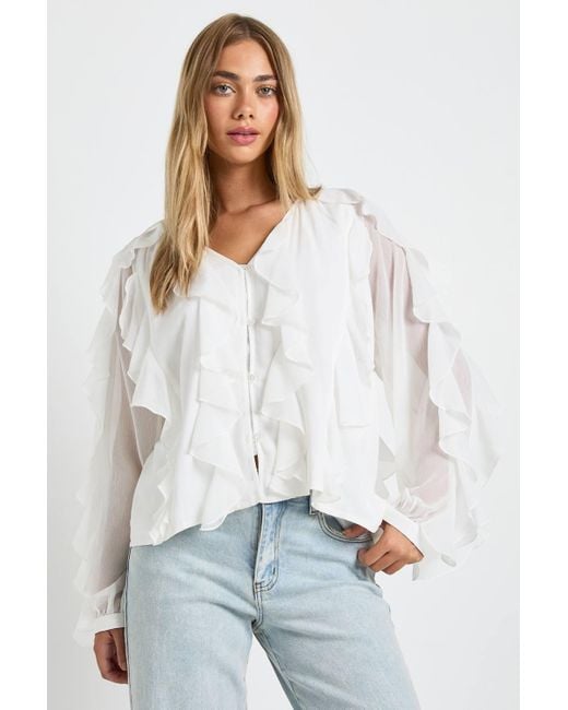 Boohoo Blue Ruffle Chiffon Blouse
