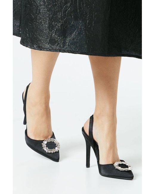 Coast Black Serenity Satin Brooch Detail High Heel Slingback Court Shoes