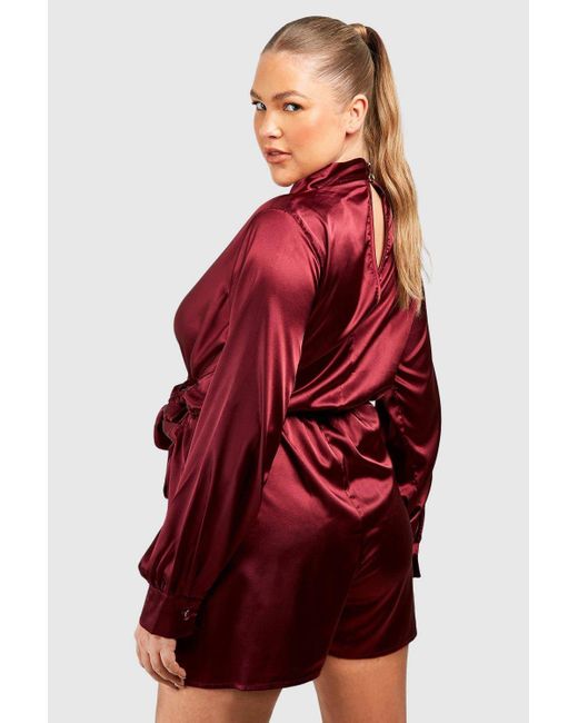 Boohoo Red Plus Satin Wrap Pleated Flippy Playsuit