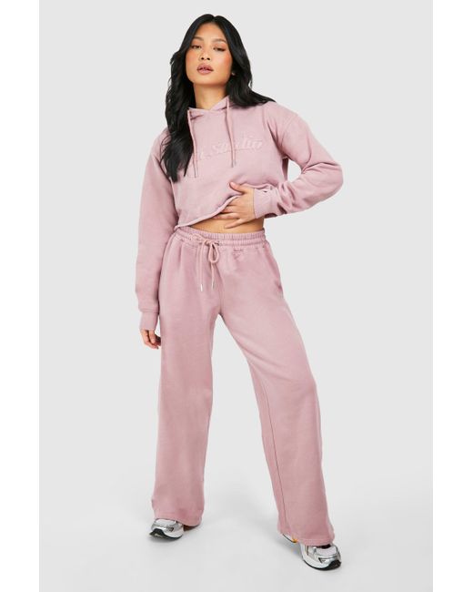 Boohoo Pink Petite Dsgn Cropped Hoodie Wide Leg Washed Tracksuit