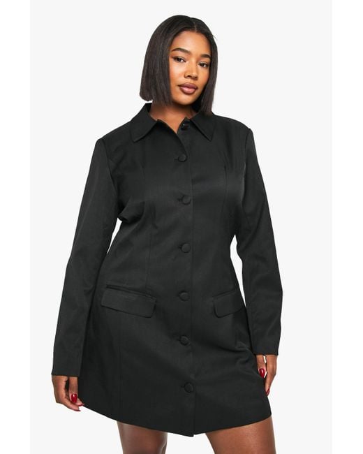 Plus Button Down Collared Tailored Dress Boohoo de color Black