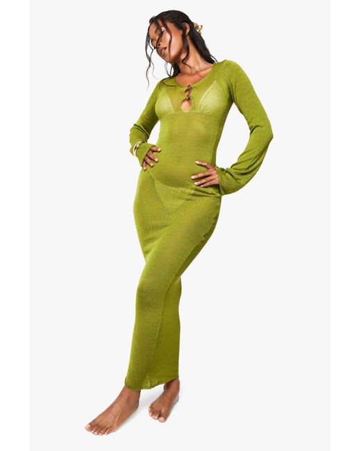 Vestido Maxi Para La Playa De Punto Transparente Con Botones Dorados Boohoo de color Green