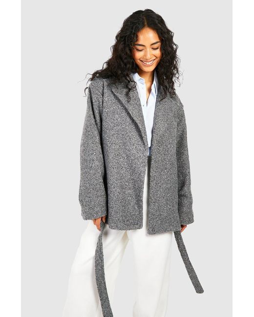 Boohoo Gray Short Belted Textured Wool Look Coat